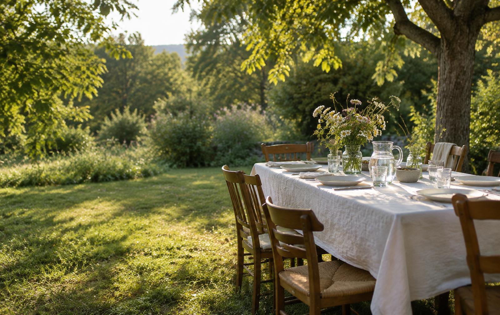 A garden table set for a gathering beneath the trees